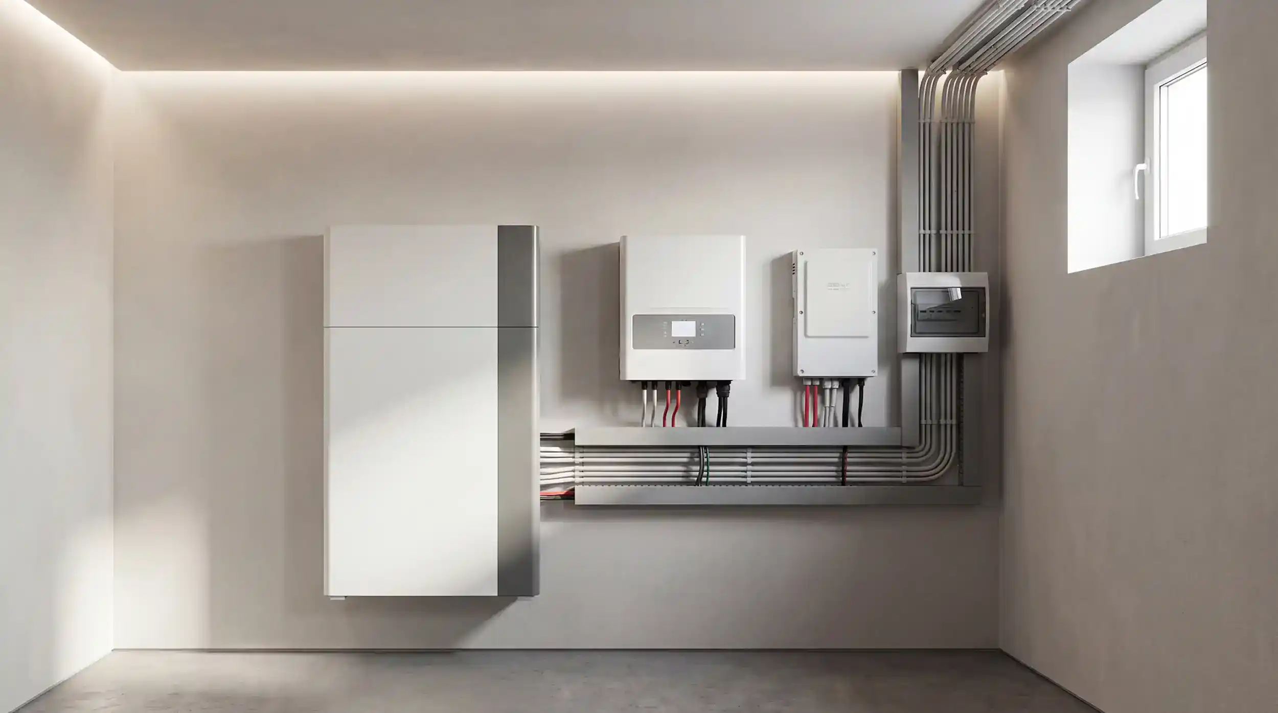 Moderner Stromspeicher mit Wechselrichter und sauber verlegten Leitungen in einem hellen Kellerraum einer Photovoltaikanlage