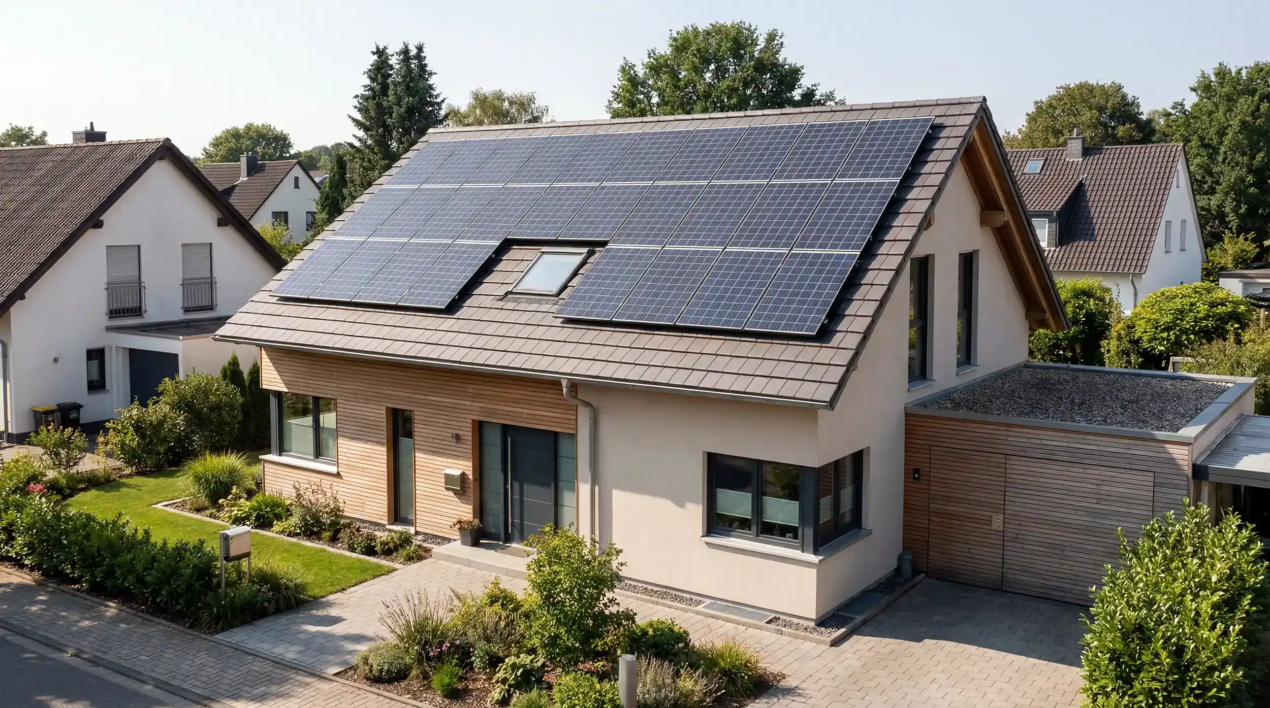Solardachpflicht in NRW: Modernes Einfamilienhaus in deutscher Wohnsiedlung mit großflächiger Photovoltaikanlage auf dem Schrägdach bei sonnigem Wetter