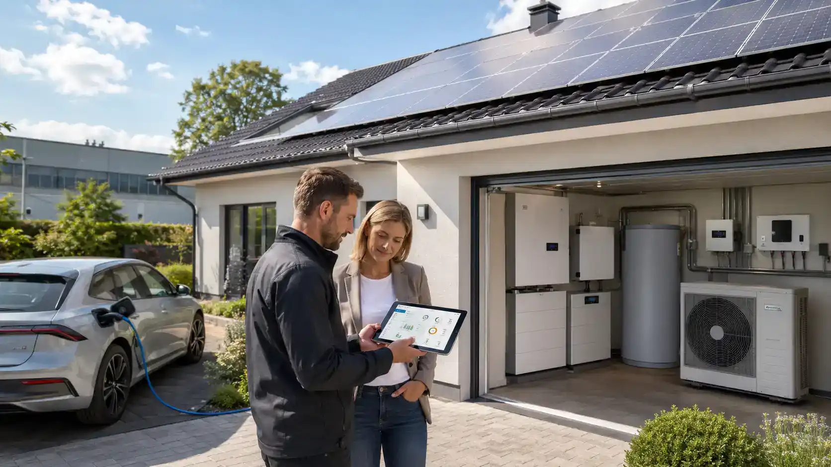 Ein Fachberater zeigt einer Kundin vor einem Haus mit Photovoltaikanlage, Speicher, Wallbox und Wärmepumpe das Energiemanagement auf einem Tablet.