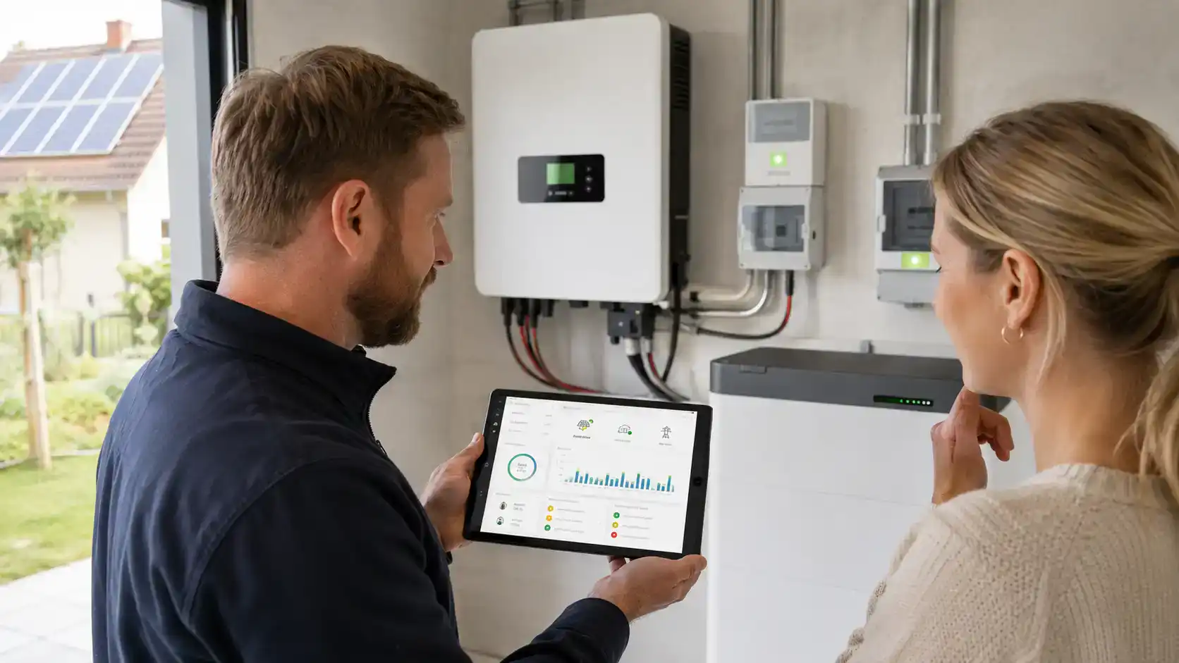 Ein Fachberater zeigt einer Kundin in einem Technikraum das Monitoring einer Photovoltaikanlage auf einem Tablet. Im Hintergrund sind Wechselrichter, Speicher und weitere Systemkomponenten zu sehen.