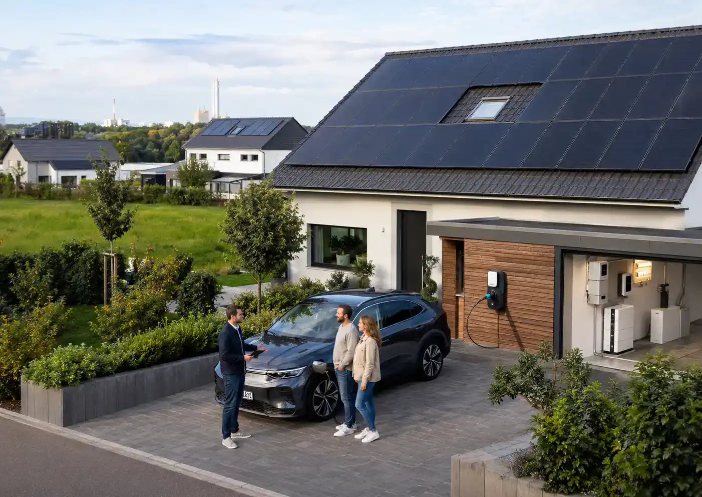 Modernes Einfamilienhaus in Dorsten mit großer Photovoltaikanlage, Wallbox, Elektroauto und PV-Beratung vor Ort.
